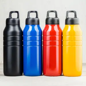 Four colorful reusable steel thermo water bottles